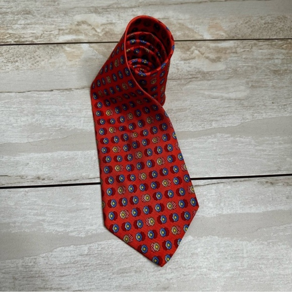Courreges Paris Mens Peach 100% Silk Tie Floral Motif Work Wear Office Dapper